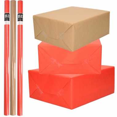 Feestwinkel | 10x rollen kraft inpakpapier/kaftpapier pakket bruin/rood 200 x 70 cm morgen amsterdam