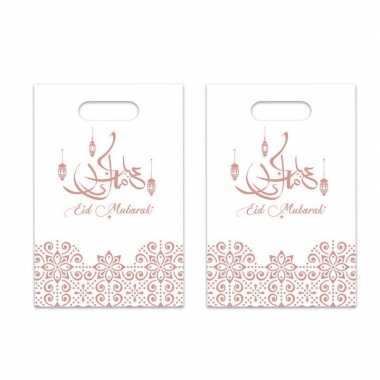 Feestwinkel | 12x stuks ramadan mubarak thema feestzakjes/uitdeelzakjes wit/rose goud 23 x 17 cm morgen amsterdam