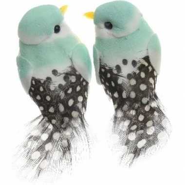 Feestwinkel | 2x decoratie vogeltje licht mintgroen 6 cm op ijzerdraad met echte veren morgen amsterdam