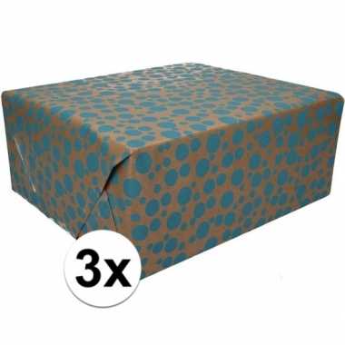 Feestwinkel | 3x bruin cadeaupapier blauwe stippen print 70 x 200 cm
