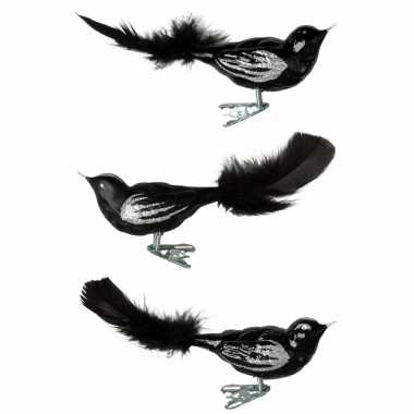 Feestwinkel | 3x zwarte glazen decoratie vogels op clip 11 cm morgen amsterdam