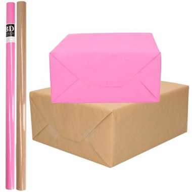 Feestwinkel | 4x rollen kraft inpakpapier/kaftpapier pakket bruin/roze 200 x 70 cm morgen amsterdam