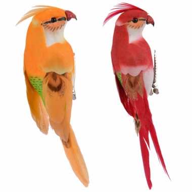 Feestwinkel | 4x stuks decoratie kunststof vogels papegaaien op clip oranje/rood van 13 cm morgen amsterdam