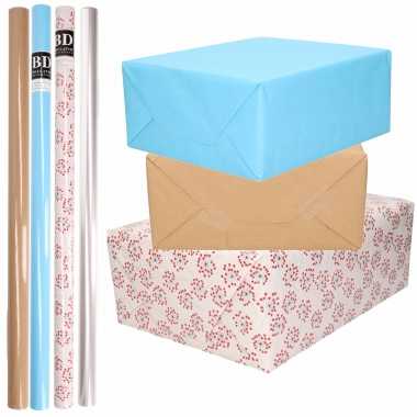 Feestwinkel | 8x rollen transparant folie/inpakpapier pakket - blauw/bruin/wit met hartjes 200 x 70 cm morgen amsterdam