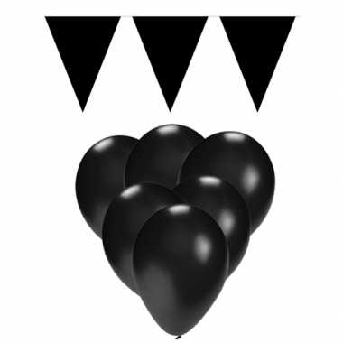 Decoratie zwart 15 ballonnen met 2 vlaggenlijnen