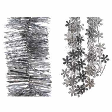 Feestwinkel | set van kerst lametta guirlande zilver 270 cm en sneeuwklok slinger 270 cm kerstboom versiering/decoratie morgen amsterdam