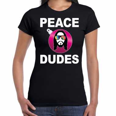 Feestwinkel | zwarte kerstshirt / kerstkleding peace dudes voor dames met social media kerstbal morgen amsterdam