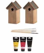 2x houten vogelhuisje nestkastje 22 cm zwart geel rood dhz schilderen pakket