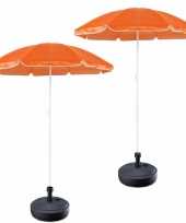 2x stuks oranje strand tuin basic parasol van nylon 150 cm parasolvoet antraciet rotan