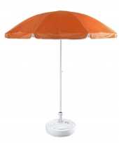 2x stuks oranje strand tuin basic parasol van nylon 200 cm parasolvoet wit