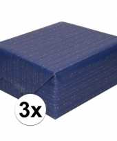 3x blauw cadeaupapier met gouden lijnen 70 x 200 cm