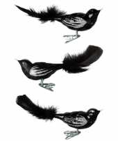 6x zwarte glazen decoratie vogels op clip 11 cm