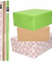 8x rollen transparant folie inpakpapier pakket groen bruin wit met hartjes 200 x 70 cm