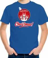 Blauw kerst shirt kerstkleding merry christmas voor kinderen met rendier kerstbal