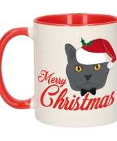 Cadeau kerst mok beker rood merry christmas met grijze kat poes 300 ml