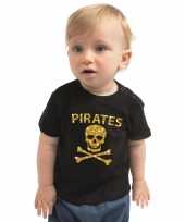 Carnaval piraten t-shirt kostuum zwart voor peuters jongen meisje met gouden glitter bedrukking