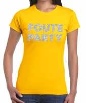 Foute party zilveren letters fun t-shirt geel voor dames