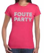 Foute party zilveren letters fun t-shirt roze voor dames