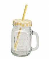 Geel witte glazen mason jars met rietje 450 ml