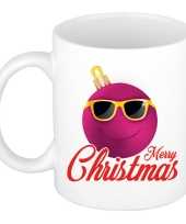 Kerst cadeau mok beker merry christmas roze smiley kerstbal 300 ml