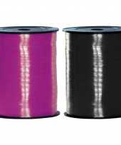 Pakket van 2 rollen cadeaulint zwart en fuchsia roze feestartikelen 500 meter x 5 milimeter