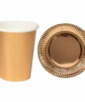 Set van 24x feest bekertjes 350 ml 24x bordjes van karton 23 cm metallic rose goud thema wegwerp party benodigdheden