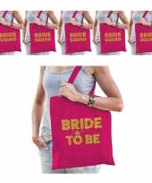 Vrijgezellenfeest vrouw katoenen tasjes pakket 1x bride to be roze goud 9x bride squad roze goud